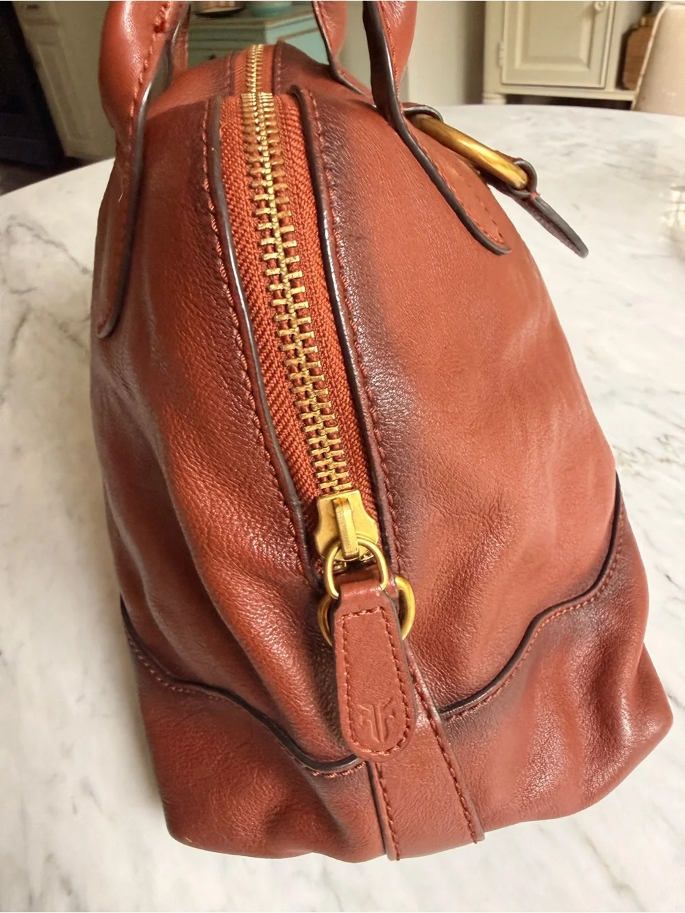 Frye “Ring Dome” Brown Leather Satchel Handbag with Gold Ring Accent